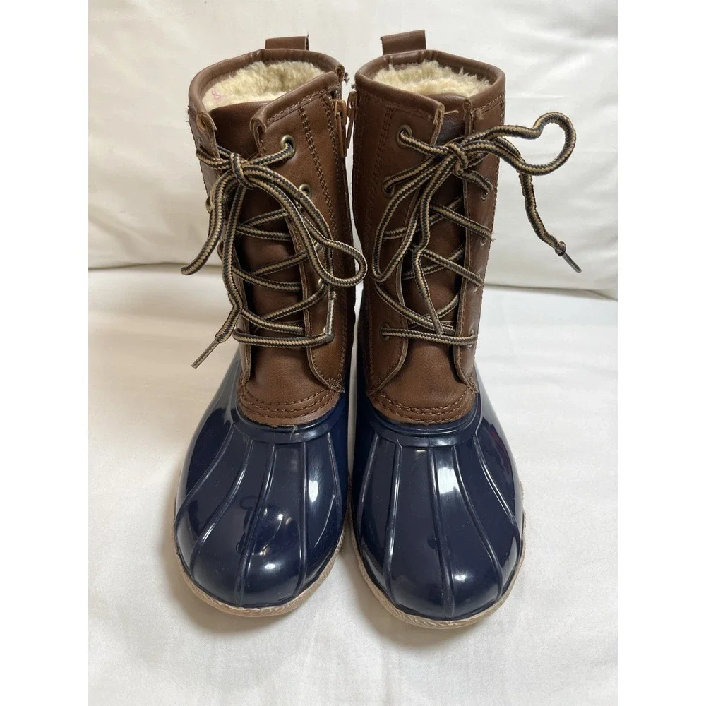 Highland Creek Kids Duck Boots Size 3‎ Brown/Navy Sherpa Lined Winter Rain Boots